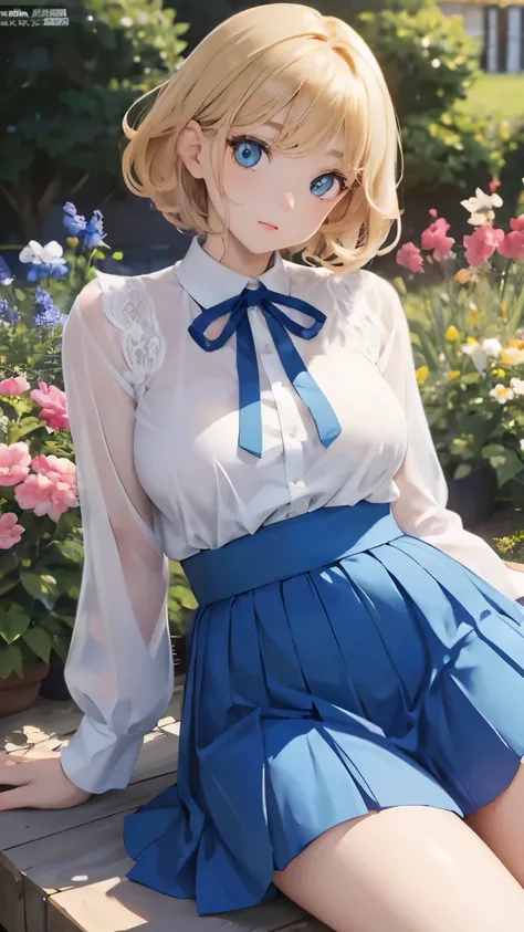 (masterpiece:1.2), (highest quality:1.2),, Curvy but slender body, perfect eyes, perfect face, perfect lighting, 1 girl, in the garden, （blouse），（I can see your feet），（whole bodyショット），（ruffle skirt），（bowl cut），curly hair, fine clothes, detailed outdoor bac...