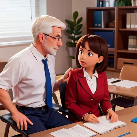 A principal and teacher talking in the office about something or issues, the head principal is sitting in his chair and also the teacher.