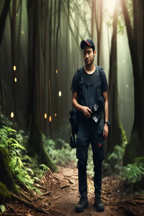 arafed man with camera in forest with trees and lights, standing in the mystical forest, standing in a forest, in front of an amazing forest, photograph captured in a forest, standing in a dark forest, in a tropical forest, standing in the forrest, standin...