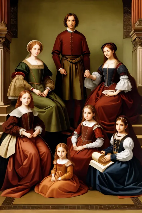 Renaissance style. family, husband and wife in the center, the eldest son, the middle daughter and the youngest daughter and the red cat downstairs. 5 people in the picture