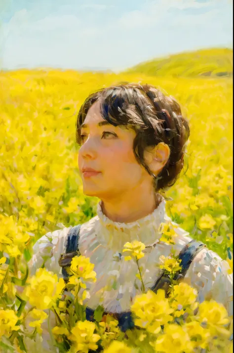 there is a woman standing in a field of yellow flowers, in a field of flowers,masterpiece on canvas in the style of claude monet...