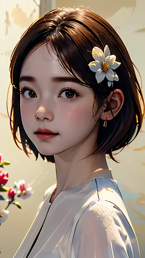 portrait、masterpiece:1.3、one girl、baby face、natural look、very cute、brown hair、short bob、small red earrings、plump lips、no makeup、white t-shirt、focus on the face、最high quality、High resolution、Super detailed、high quality、Detailed details、８ｋ、(((blurred backgro...