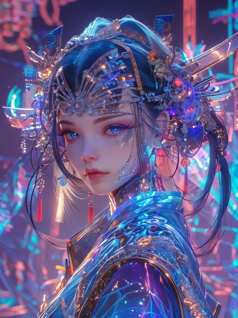 colorful,neon lights, cyberpunk beauty ,1girl ,artist name ,bangs, blue eyes, closed mouth ,earrings ,eyelashes ,face, glowing ,...