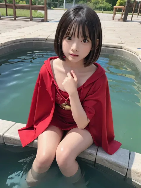 Elementary school student squats in a pond wearing Supergirl clothes.、Be patient with peeing、Spreading black hair、bob cut with trimmed ends、(flat chest)、lolicon、Highest、short sleeve、red cloak、(whole body)、embarrassing、10 years old、
break, extremely fine tr...