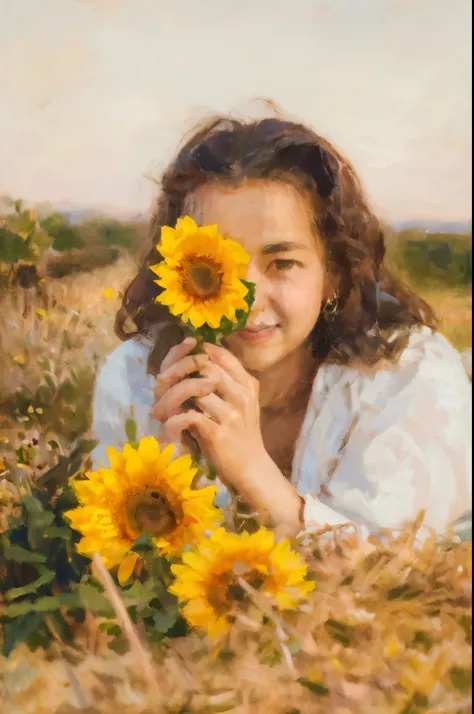 there is a woman laying on a hay field with a bunch of sunflowers,masterpiece on canvas in the style of claude monet, claudemone...