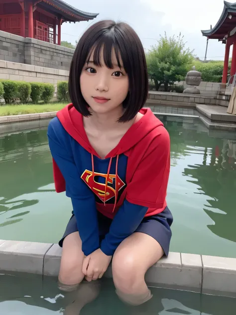 Elementary school student squats in a pond wearing Supergirl clothes.、pray、Spreading black hair、bob cut with trimmed ends、(flat chest)、lolicon、Highest、short sleeve、red cloak、(whole body)、embarrassing、10 years old、
break, extremely fine transparency, (symme...