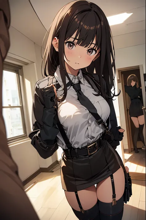 brown hair、looking at the viewer　　suspenders　　　big swollen breasts　　 　 　　　　black mini skirt　garter belt　knee high socks　　　　　　Aerial perspective　　　small face　bangs 　　　　　Beauty　　hands up　　 　sideways view 　black boots 　provocation　　　one person 　　　cutter shirt...