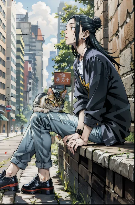 (masterpiece, best quality:1.2), Jujutsu kaisen style, suguru geto, (1man, solo), (25years old:1.1), full body, white t-shirt, black jeans, black long hair, brown eyes, earrings, (Exhausted expression:1.2), side view, looking up, sitting on the wooden benc...