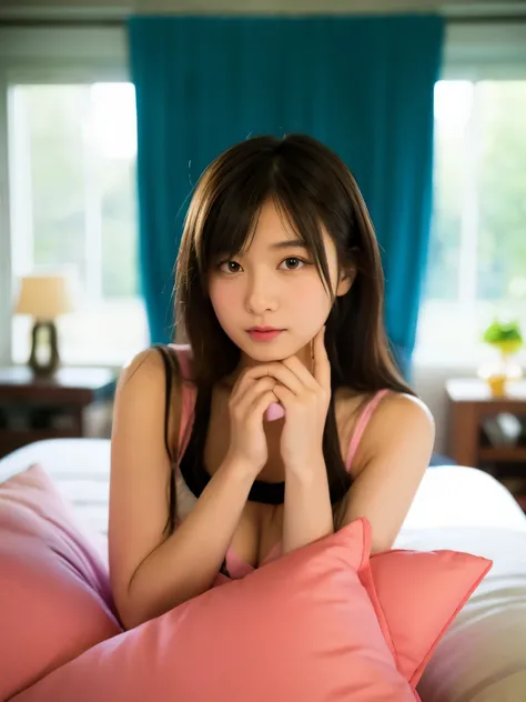 there is a woman sitting on a bed with a pink pillow, Yoshitomo Nara, shikamimi, sakimichan, chiho, korean girl, realistic young gravure idol, young pretty gravure idol, good young girl, photo of slim girl, sakimi chan, gorgeous young korean woman, jaeyeon...