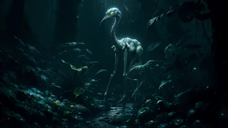 a tall creature, white slippery skin, thin and long arms, a flower for a head, no eyes, thin long legs, jungle, rain forest, high image quality, realistic look, high-resolution photography, 8K, full-frame matrix, deep shadows, ((one character)), (intricate...