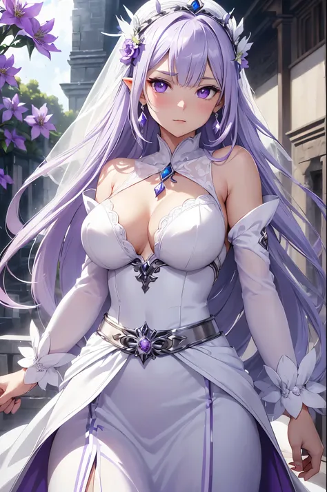 Emilia princess from Re:Zero kara Hajimeru Isekai Seikatsu, half elf, ((gorgeous white and purple elegant silk wedding dress, holding a bunch of clematis, silk accesory, veil, silver necklace, diamond ring, flower earring, belt, collar, silver crown, silk ...