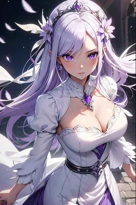 Emilia princess from Re:Zero kara Hajimeru Isekai Seikatsu, half elf, ((gorgeous white and purple elegant silk wedding dress, holding a bunch of clematis, silk accesory, veil, silver necklace, diamond ring, flower earring, belt, collar, silver crown, silk ...