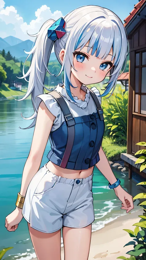 masterpiece, best quality, absurdres, perfect anatomy, 1girl, solo, Kobo3rd, side ponytail, bracelet, hair ornament, blue shirt, sleeveless, midriff, white shorts, standing, river, beautiful village background, traditional house, smile, outdoors,wear Indon...