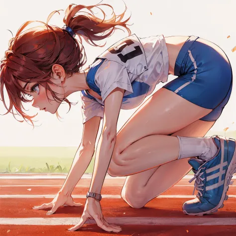 high quality,HD,16k,sharp lines,1 girl,Female track and field athlete ,cute face, medium breasts, nice legs,At the track and field,focus girl,detailed beautiful face,detailed clothes,beautiful eyes,cool,dynamic angle