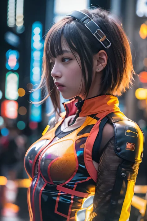 RAW image quality, 1 girl, Japanese, 17 years old, table top, Dystopian city with neon signs and holograms projected on buildings and sky, slim beautiful woman, Surrounded by neon-lit reflections of the cityscape, written boundary depth, Beautiful woman wi...