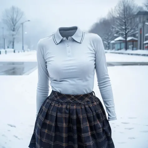 polo shirt, long sleeve, arms behind back, school uniform, in winter, plaid skirt, (invisible, no humans, headless, faceless:1.5), cute big breasts