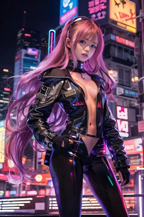 RAW image quality, 1 girl, Japanese, 17 years old, table top, Dystopian city with neon signs and holograms projected on buildings and sky, slim beautiful woman, Surrounded by neon-lit reflections of the cityscape, written boundary depth, Beautiful woman wi...