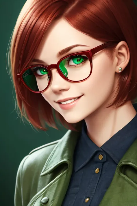 Smiling girl of European appearance, Short, Red hair, green eyes, metal frame glasses, Compose, Thin lips, pale, Green clothes, full length, Homogeneous background, sexual, Best quality, photorealism, render, law -- sea. High texture detail