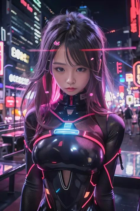 RAW image quality, 1 girl, Japanese, 17 years old, table top, Dystopian city with neon signs and holograms projected on buildings and sky, slim beautiful woman, Surrounded by neon-lit reflections of the cityscape, written boundary depth, Beautiful woman wi...