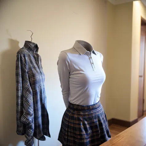 polo shirt, long sleeve, (arms behind back), school uniform, plaid skirt, (invisible, no humans, headless, faceless:1.5), cute big breasts