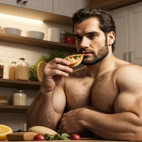 Qualidade de imagem ultra-alta, realistic and strong male characteristics, um homem inspirado em Henry Cavill como Wolverine, detailed venous muscles, arafed man em uma cozinha preparing food and eating, na cozinha, peito nu e peludo, por Adam Dario Keel, ...