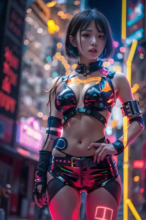 RAW image quality, 1 girl, Japanese, 17 years old, table top, Dystopian city with neon signs and holograms projected on buildings and sky, slim beautiful woman, Surrounded by neon-lit reflections of the cityscape, written boundary depth, Beautiful woman wi...