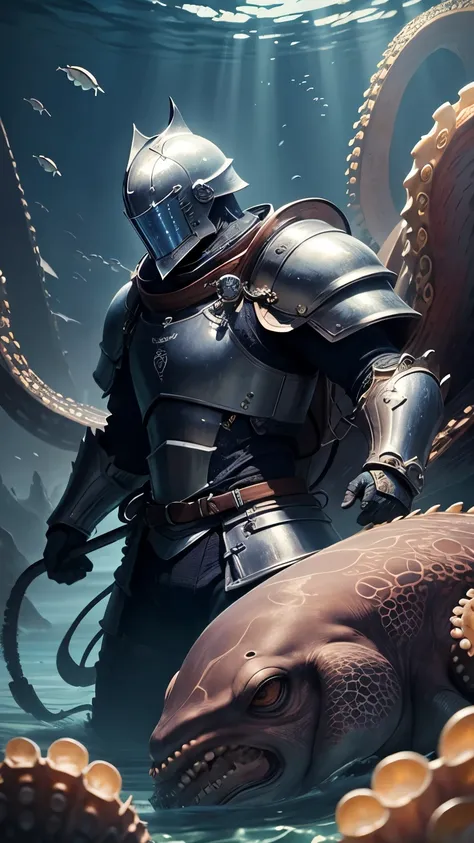 highest quality。masterpiece。detailed details。Wearing armor like a diving suit、A knight wearing armor and riding a large octopus。The background is underwater。