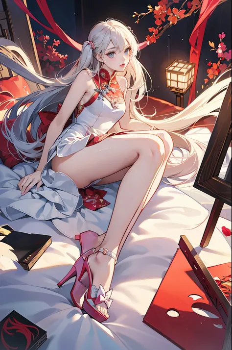 Imitation art of league of legend, white dresses, twin pig tail, chinese dresses, high heels, panty hose, masterpieces, hyper art
