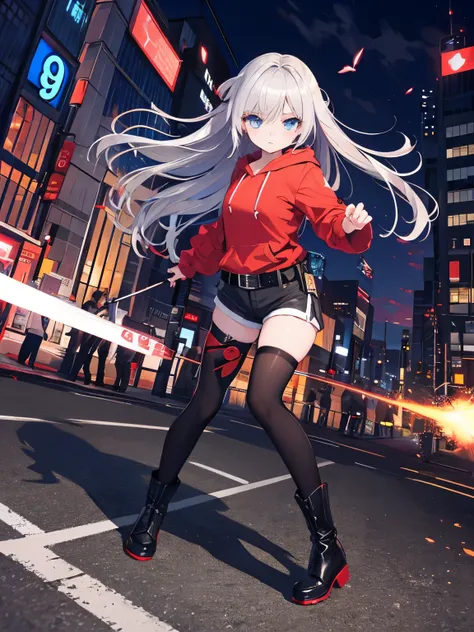 Masterpiece, high quality, super sensitive, shining eyes, one girl, long silver hair, fluttering hair, blue eyes, cool expression, expressionless, brave, white skin, black and red (8:2) hoodie, rolled up shorts with belt, gray shorts, black pantyhose, blac...