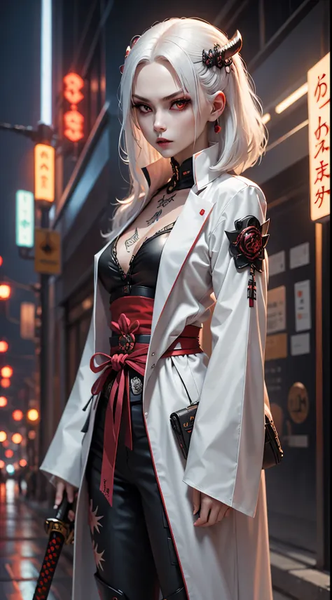 photo of white-haired samurai wearing jacket standing in the middle of neon street , her katana glows in the dark. masterpiece, ...