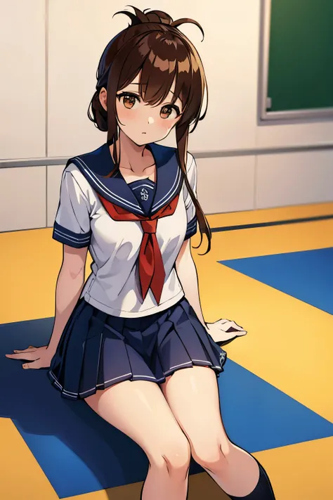 A girl in a sailor suit and a miniskirt who is not feeling well is sitting on the floor of the gymnasium and observing the class.、(masterpiece, best quality:1.2),illustration,8k,hd,1girl,solo,upper body,(portrait:1.2),brown_hair,folded_ponytail,brown_eyes,...