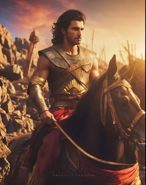 a close up of a man riding a horse in a rocky area, still from a fantasy movie, in screenshot from the 300 movie, edited, badass composition, 8 k movie still, fantasy movie still, 300 the movie, ashoka tano, biblical epic movie, movie promotional image, pr...