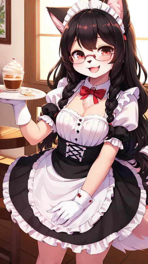 (fluffy anthro furry: 1.6),(young: 1.6),cat girl,mini girl,black long hair wavy hair,pink fur,beautiful cafe,maid headdress,maid outfit,white maid glove,maid stocking,glasses,red bowtie,smile,open mouth,looking at viewer,blush,hand at chest