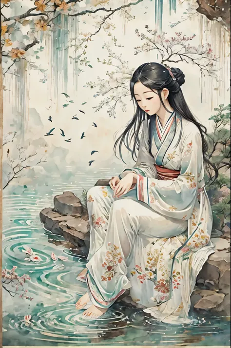 chinese ancient style，ancient paintings，white background，girl sitting at the water's edge，wearing pajamas