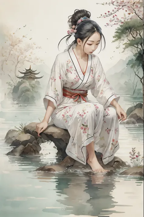 chinese ancient style，ancient paintings，white background，girl sitting at the water's edge，wearing pajamas