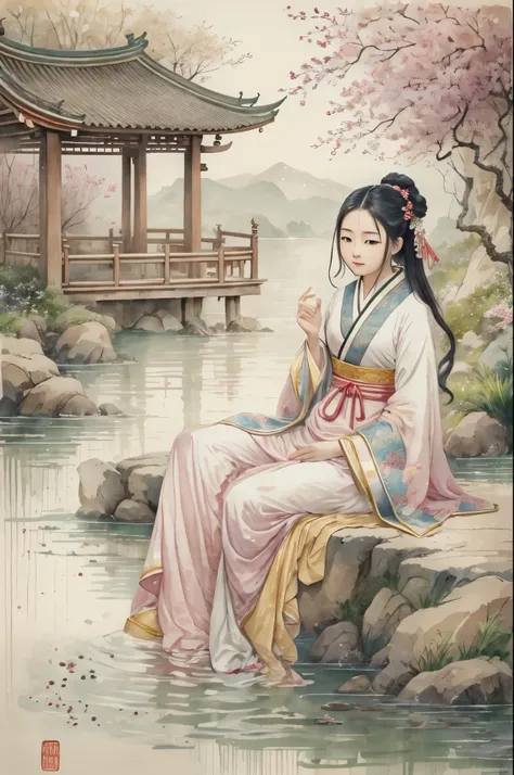 chinese ancient style，ancient paintings，white background，girl sitting at the water's edge，wearing pajamas