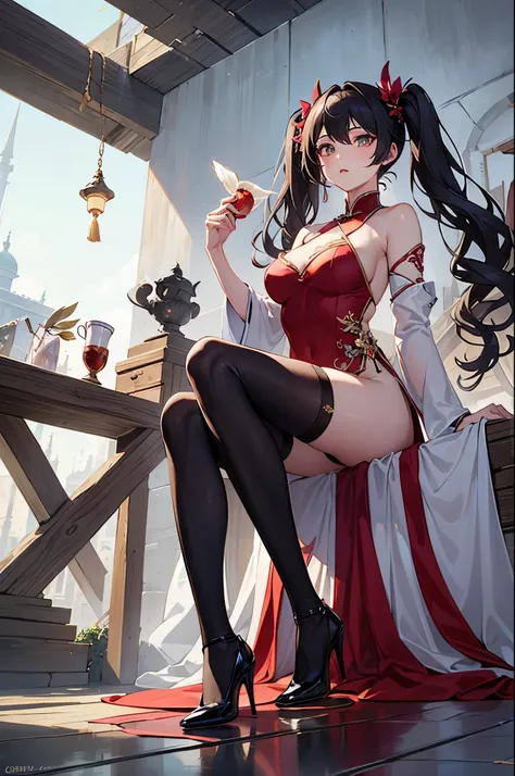 Imitation art of league of legend, white dresses, twin pig tail, chinese dresses, high heels, panty hose, masterpieces, hyper art
