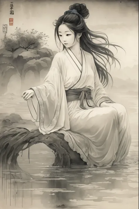 Chinese ancient style，ancient paintings，black and white painting，Girl sitting at the waters edge，wearing pajamas