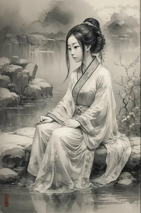 Chinese ancient style，ancient paintings，black and white painting，Girl sitting at the waters edge，wearing pajamas