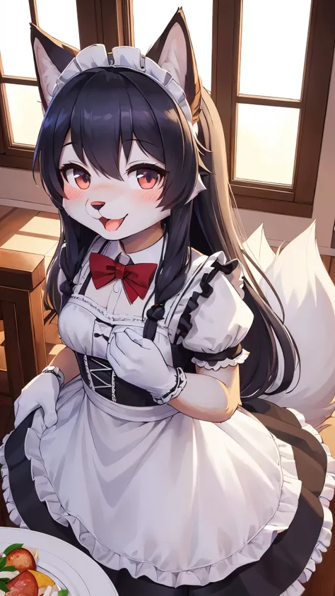 (fluffy anthro furry: 1.6),(young: 1.6),wolf girl,mini girl,blue long hair,light grey fur,wolf tail,beautiful dining room,clear window,maid headdress,maid outfit,black maid glove,maid stocking,red bowtie,seductive face,smile,open mouth,looking at viewer,bl...