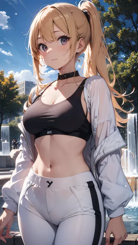 最high quality、best image quality、masterpiece、teenage girl((20-year-old、 By becoming、vest bust、medium bust,wide open breast tea、shining eyes, blonde hair、long hair、thin,highest valley、ponytail、white sports pants、white sports bra、sweating、scattering of sweat...