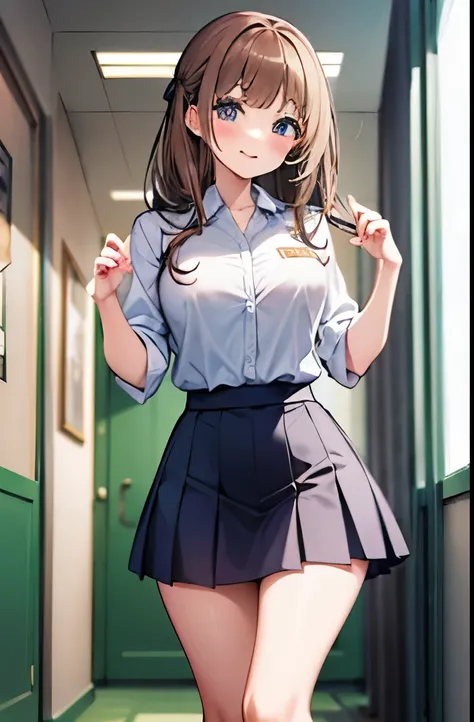 high school student、uniform、student council president、brown hair medium、The background is a classroom hallway、