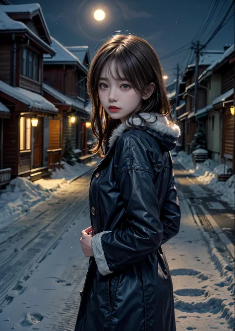 A woman is walking towards me on a wide snow-covered street.、she is wearing a fur coat、There is a full moon in the night sky、There are many stars shining in the night sky、wide street with no one around、The outside lights are on、perfect lighting、sharp focus...