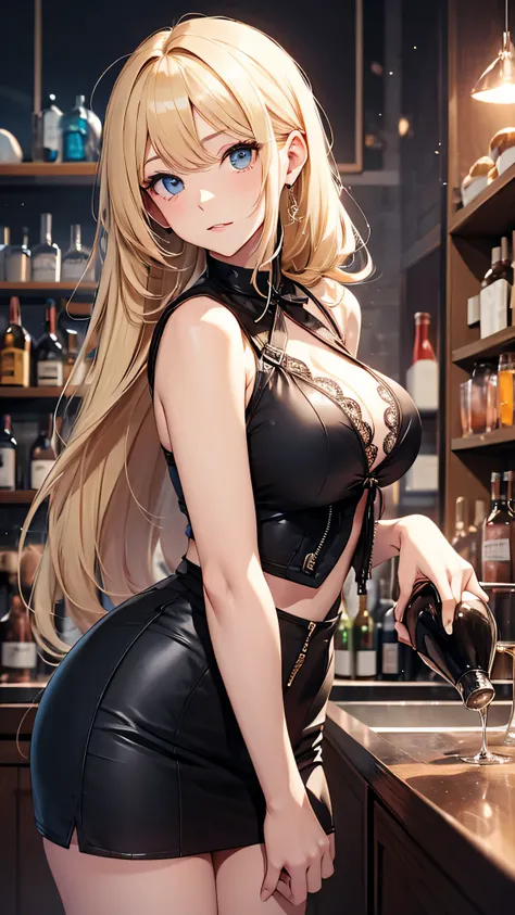 最high quality、best image quality、masterpiece、teenage girl((20-year-old、 By becoming、vest bust、medium bust,wide open breast tea、shining eyes, blonde hair、long hair、thin,highest valley、ponytail、Bartender costumes、mini skirt)),high quality、beautiful art、backg...