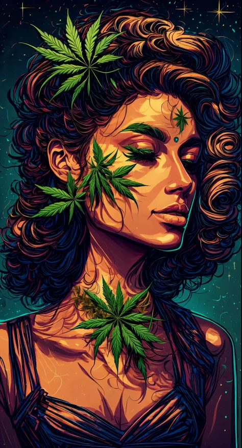 a closeup of a woman with a marijuana leaf on her head, personification of marijuana, jen bartel, maconha!, tema maconha, in ill...