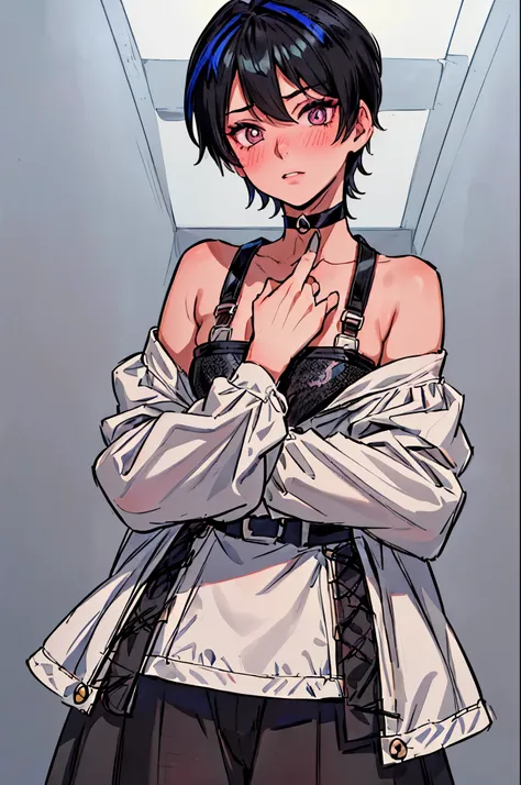 (best quality,ultra-detailed,(background:in the room1,8)),((focus on face),(portrait),((one boy)),(Tomgirl),(fem boy),(trap),(natural makeup),black choker,((black short hair)),((boys face)),((blushing)),(dress),((wearing makeup)),((wearing make-up)),vibran...