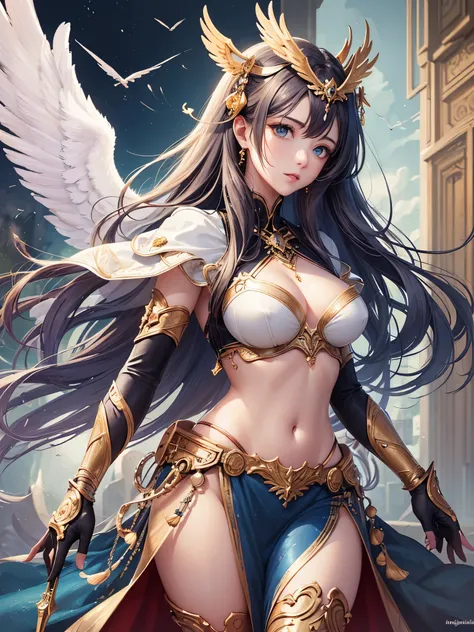 ((highest quality)),(ultra high resolution),(Super detailed),(detailed description),((best CG)),(best work of art),super precision art,amazing drawing art,(Fantasy art with precise details:1.5), (angel of battle:1.6),elaborately crafted weapons:1.8,