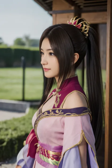 Diaochan from Sangoku Musou 8,Super realistic,hair ornaments,Perfect Diaochan costume,twin tails、masterpiece、1 cute girl、17 year old high school student、smile,fine eyes、puffy eyes、bright outdoors,Bright downtown、highest quality, 超High resolution, (reality:...