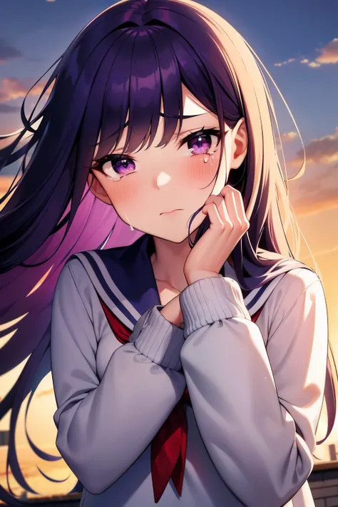 long purple hair, crying, tears falling from her face, sadness, perfect lighting, detailed sad expression, on the ground, hands wiping her tears, teenager days, wind blowing her hair, school rooftop, sunset, white school sailor suit, center of the frame, m...