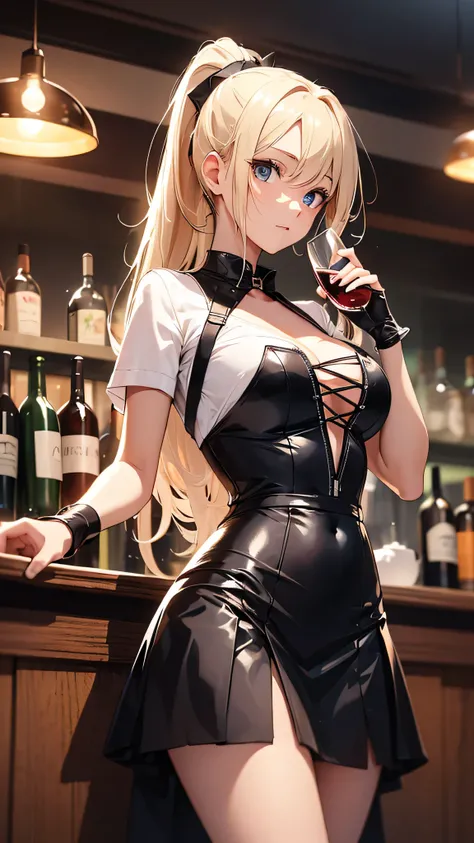 最high quality、best image quality、masterpiece、teenage girl((20-year-old、 By becoming、vest bust、medium bust,wide open breast tea、shining eyes, blonde hair、long hair、thin,highest valley、ponytail、Bartender costumes、mini skirt、holding a wine bottle、random pose)...